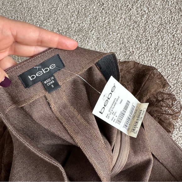 Bebe Vintage Deadstock Chocolate Brown Pencil Flare Skirt with Lace Hem Size 8 - Picture 4 of 4